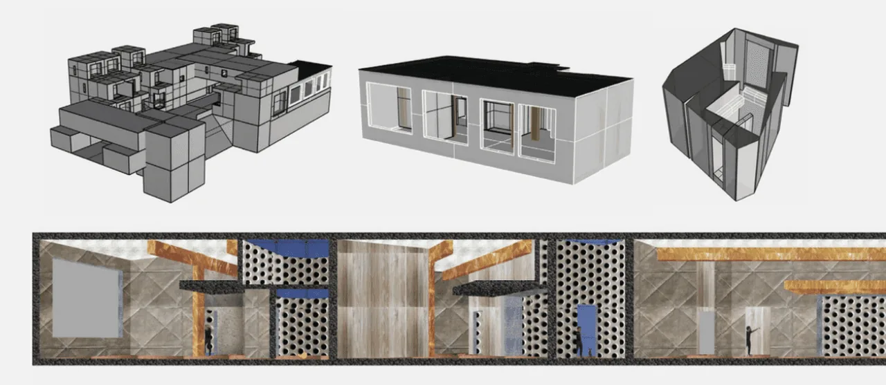 Student architecture project with 3D building massing models and interior wall elevations