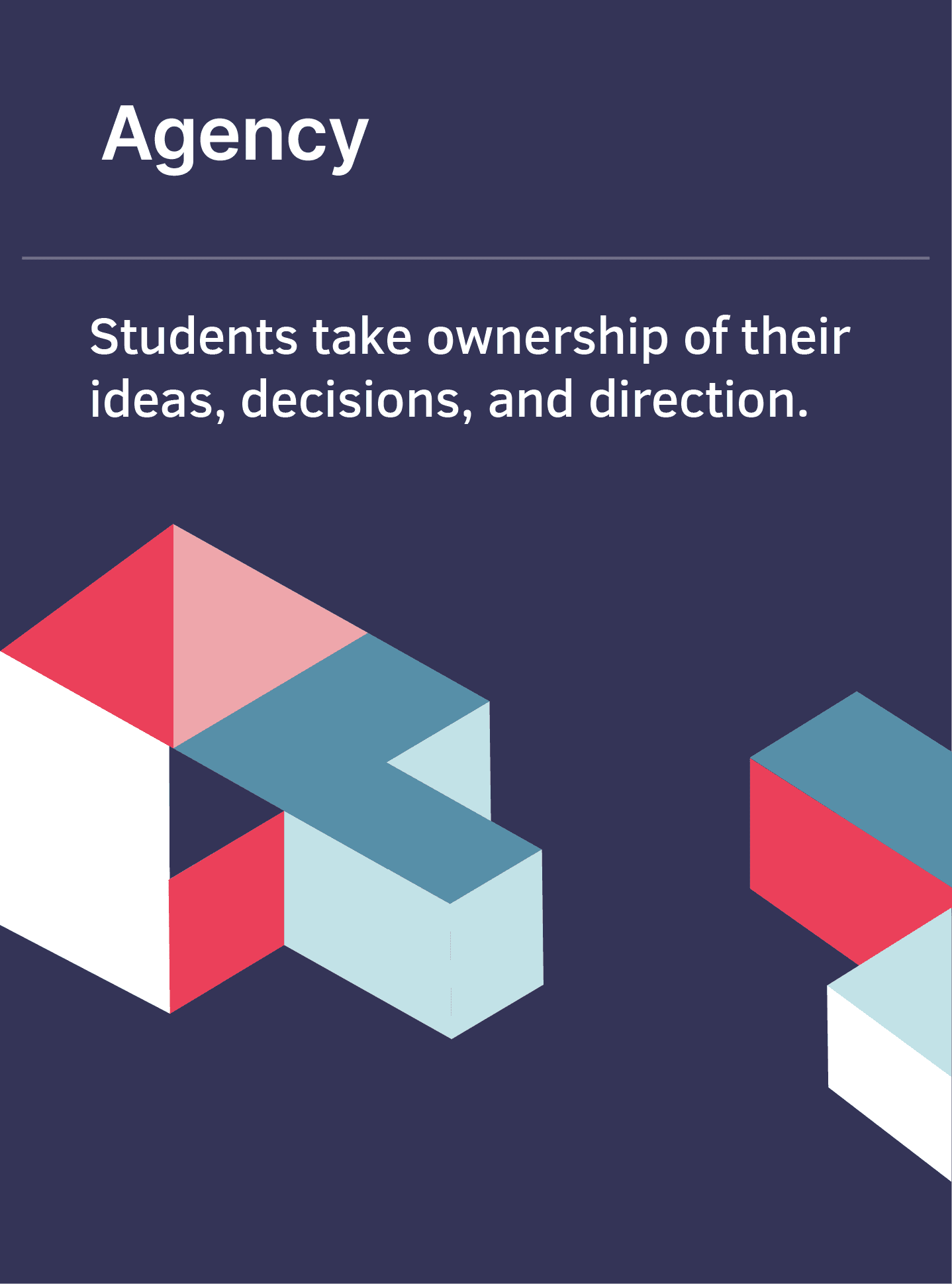 Agency principle card: students take ownership of their ideas, decisions, and direction