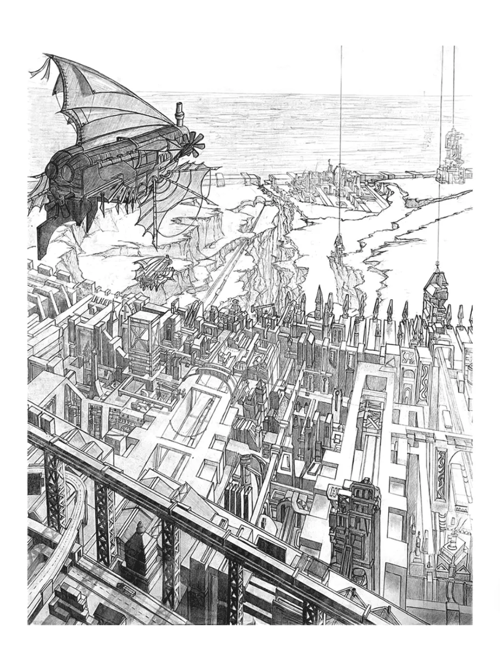 Intricate pencil illustration of an airship flying over a sprawling imaginary city