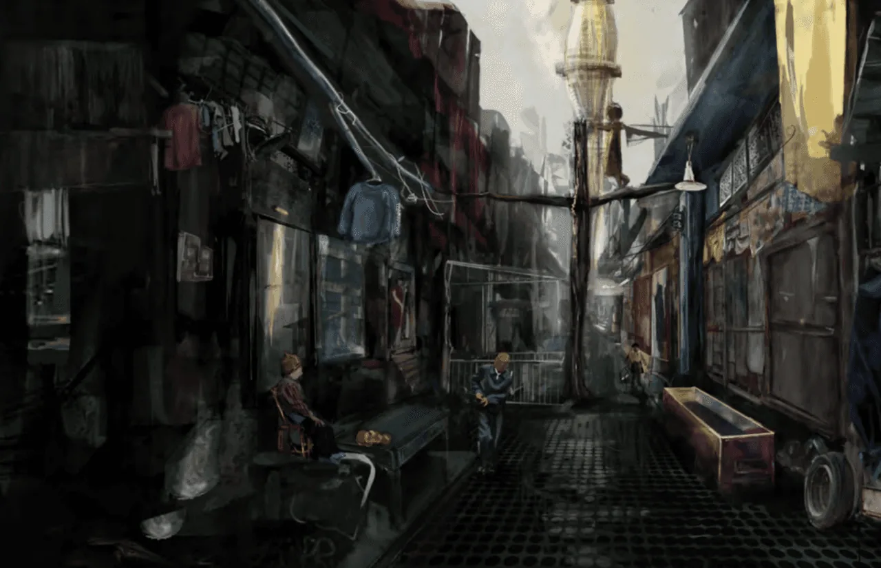 Atmospheric environment painting of a cluttered alley with figures and a distant minaret tower