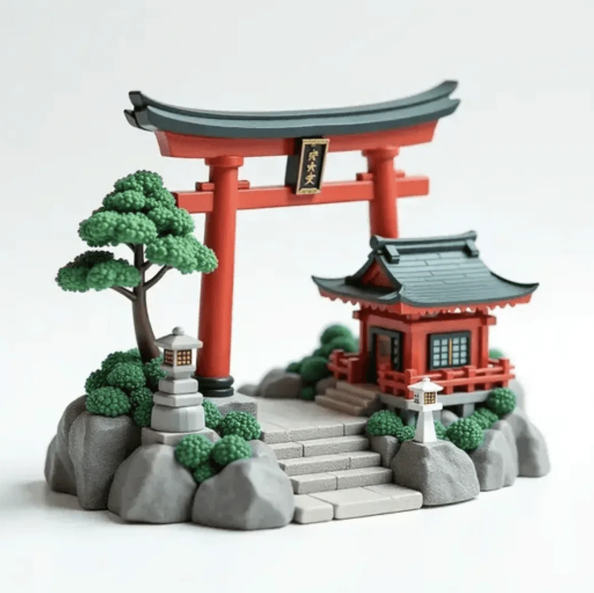 3D-modeled miniature of a red Japanese torii gate and shrine with bonsai trees, from the Blender 3D modeling workshop