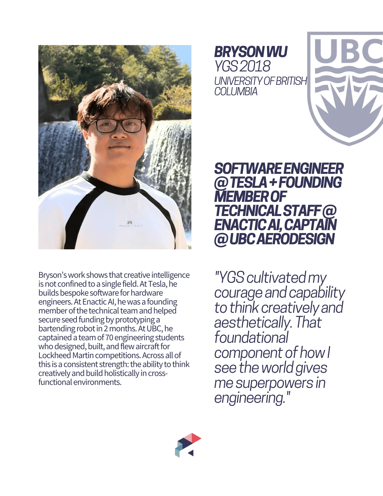 Alumni profile card: Bryson Wu, YGS 2018, UBC, software engineer at Tesla and founding member at Enactic AI