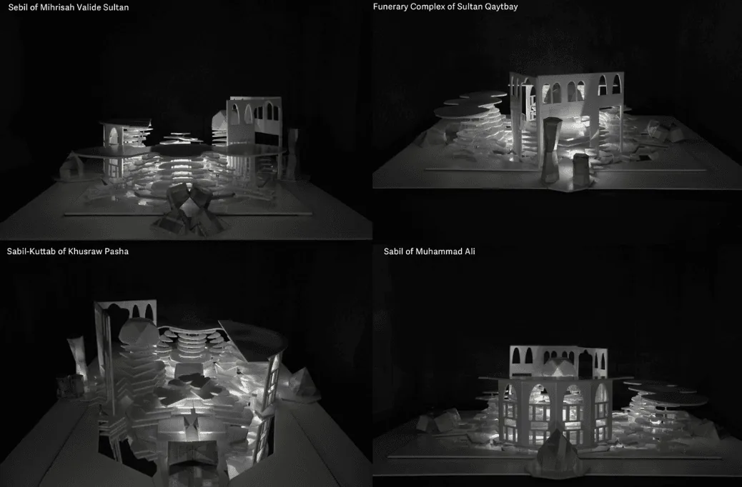 Four illuminated paper architecture models of Cairo monuments, including the Sebil of Muhammad Ali