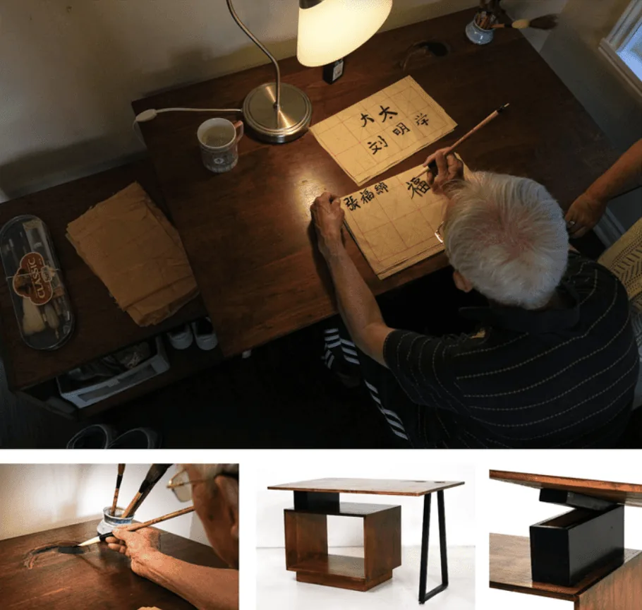 Custom calligraphy desk design shown in use by an elderly man, with product renders below