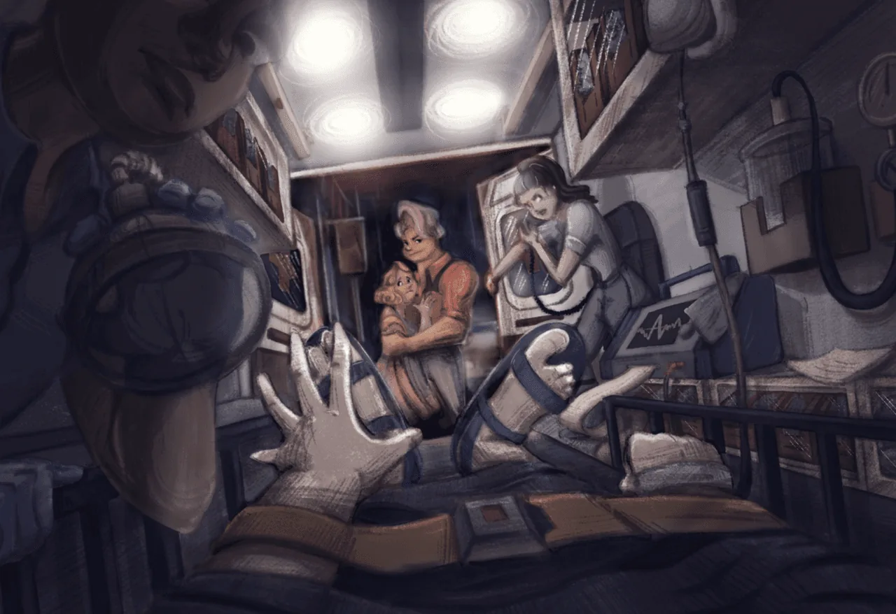 Story illustration of a man cradling a cat inside a cluttered camper beside a robot companion