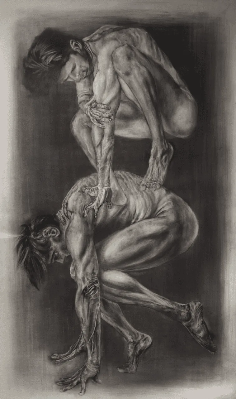 Charcoal figure drawing of two crouching nudes balanced one atop the other