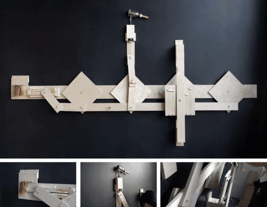 Wall-mounted wooden rack with folding diamond mechanisms, shown with hardware detail photos