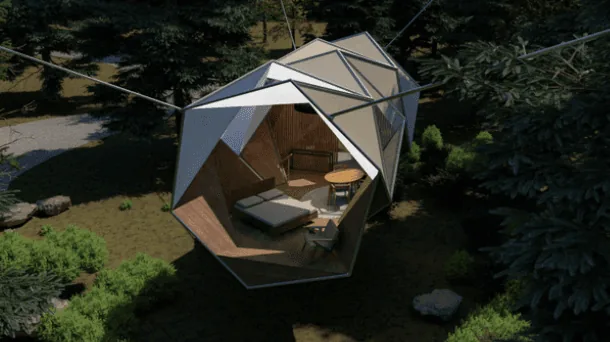 Render of a geodesic tent-like cabin suspended among forest trees with a bed and table inside