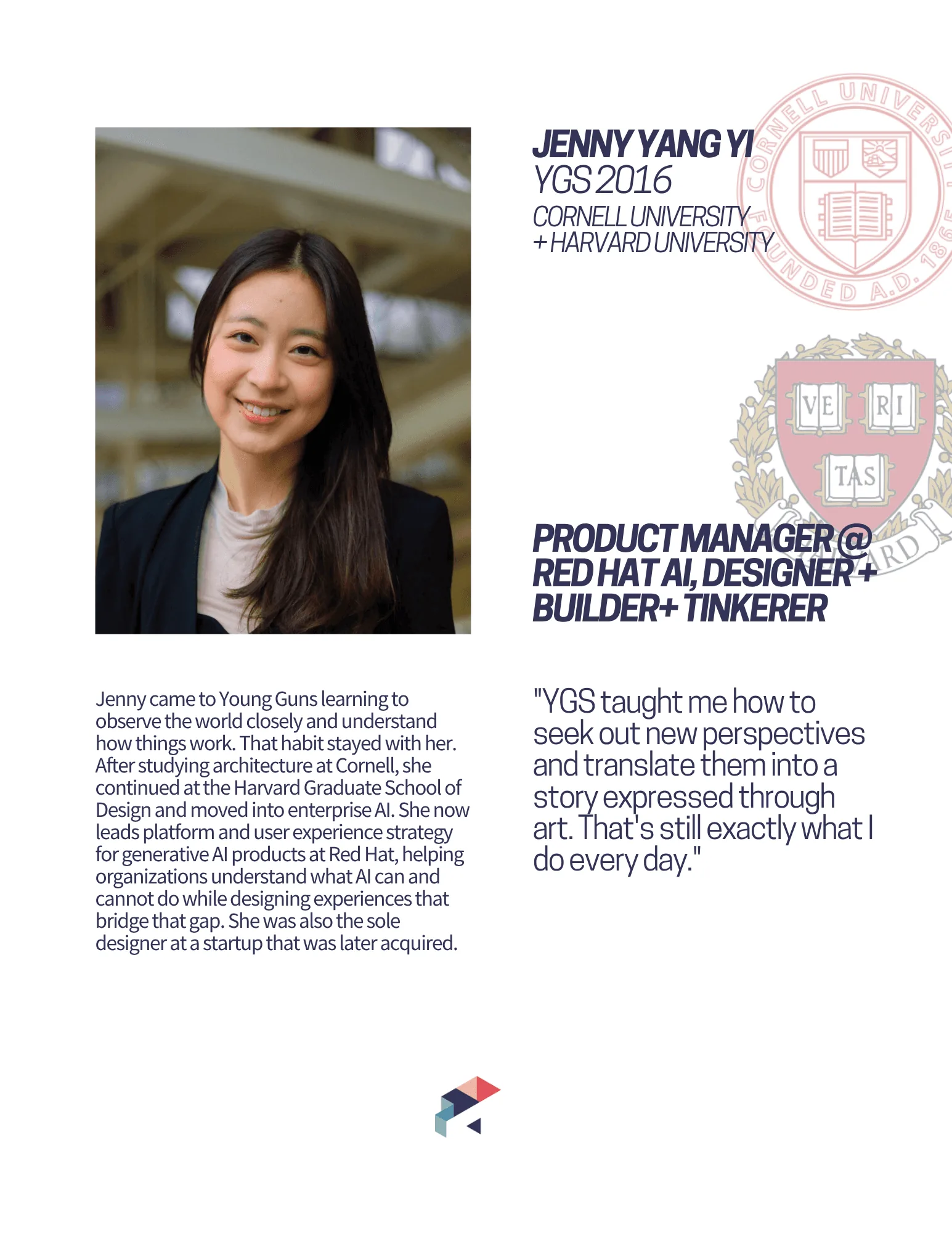 Alumni profile card: Jenny Yang Yi, YGS 2016, Cornell and Harvard, product manager at Red Hat AI