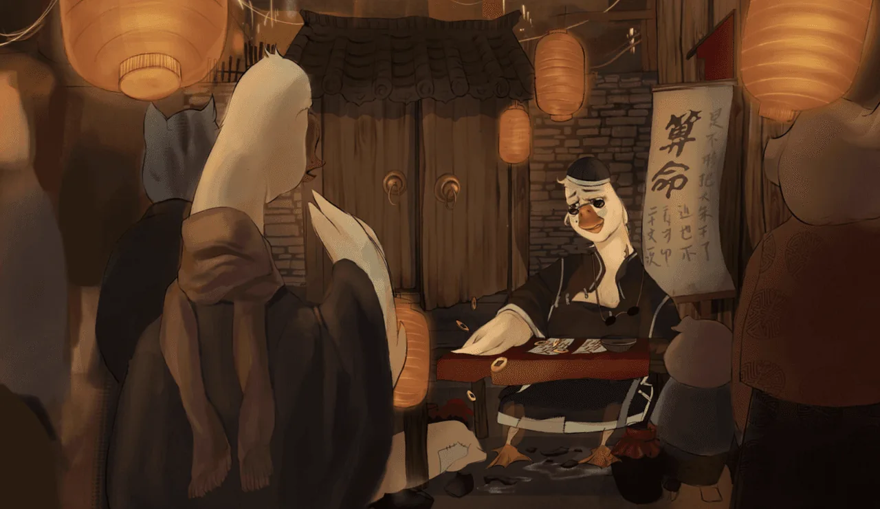 Animation visual development painting of a hooded figure at a lantern-lit street stall at night