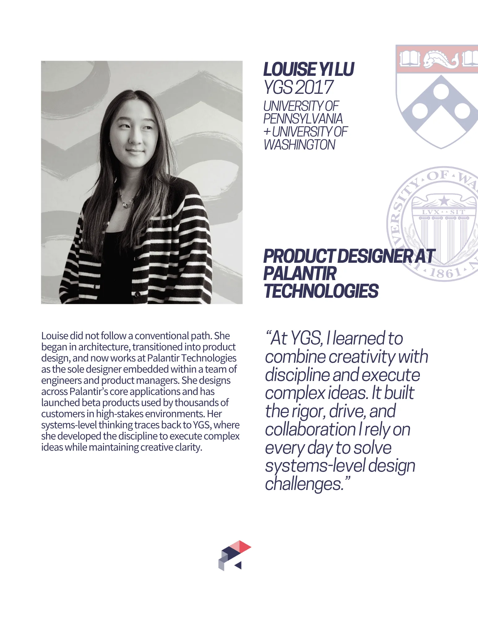 Alumni profile card: Louise Yi Lu, YGS 2017, UPenn and University of Washington, product designer at Palantir Technologies