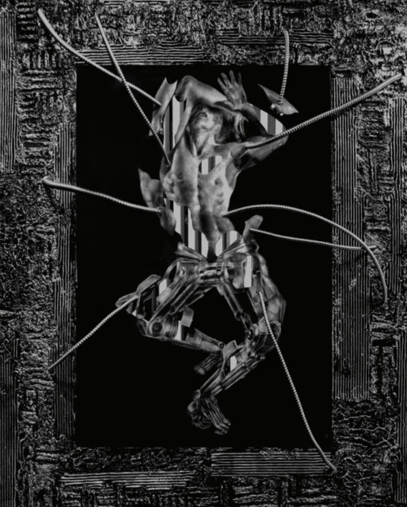 Dark mixed-media relief of a fragmented mechanical figure stretched by wires in a textured frame