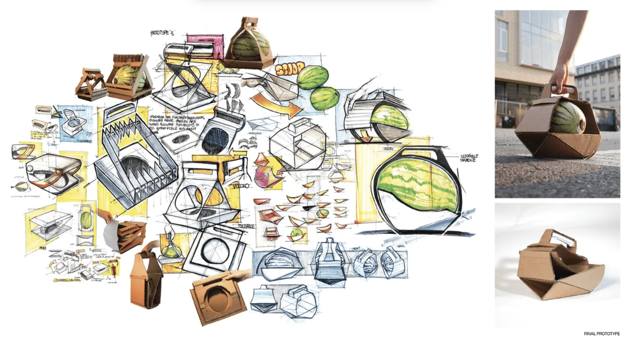 Packaging design board with concept sketches and a cardboard carrier prototype for a melon
