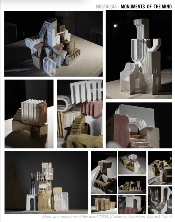 Portfolio page of Monuments of the Mind modular architecture models in ceramic, foamcore and wood