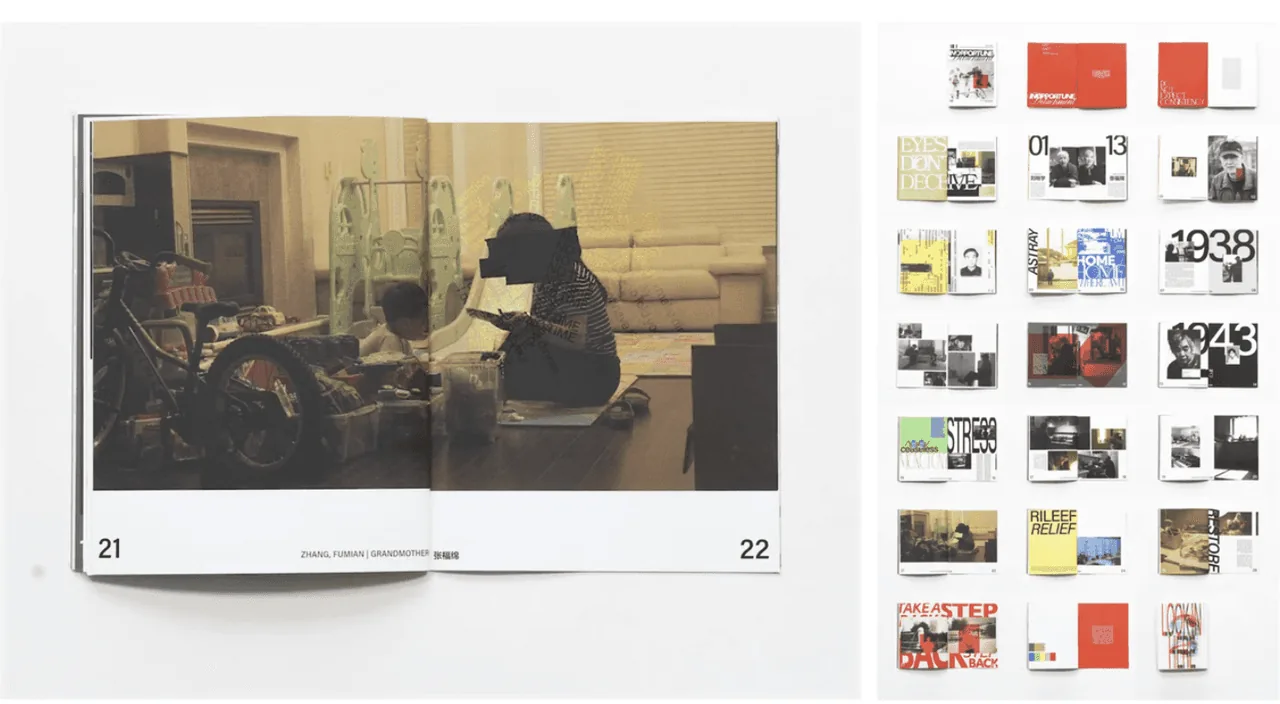Editorial design spread: open photo book beside a grid of red, white and black cover layouts