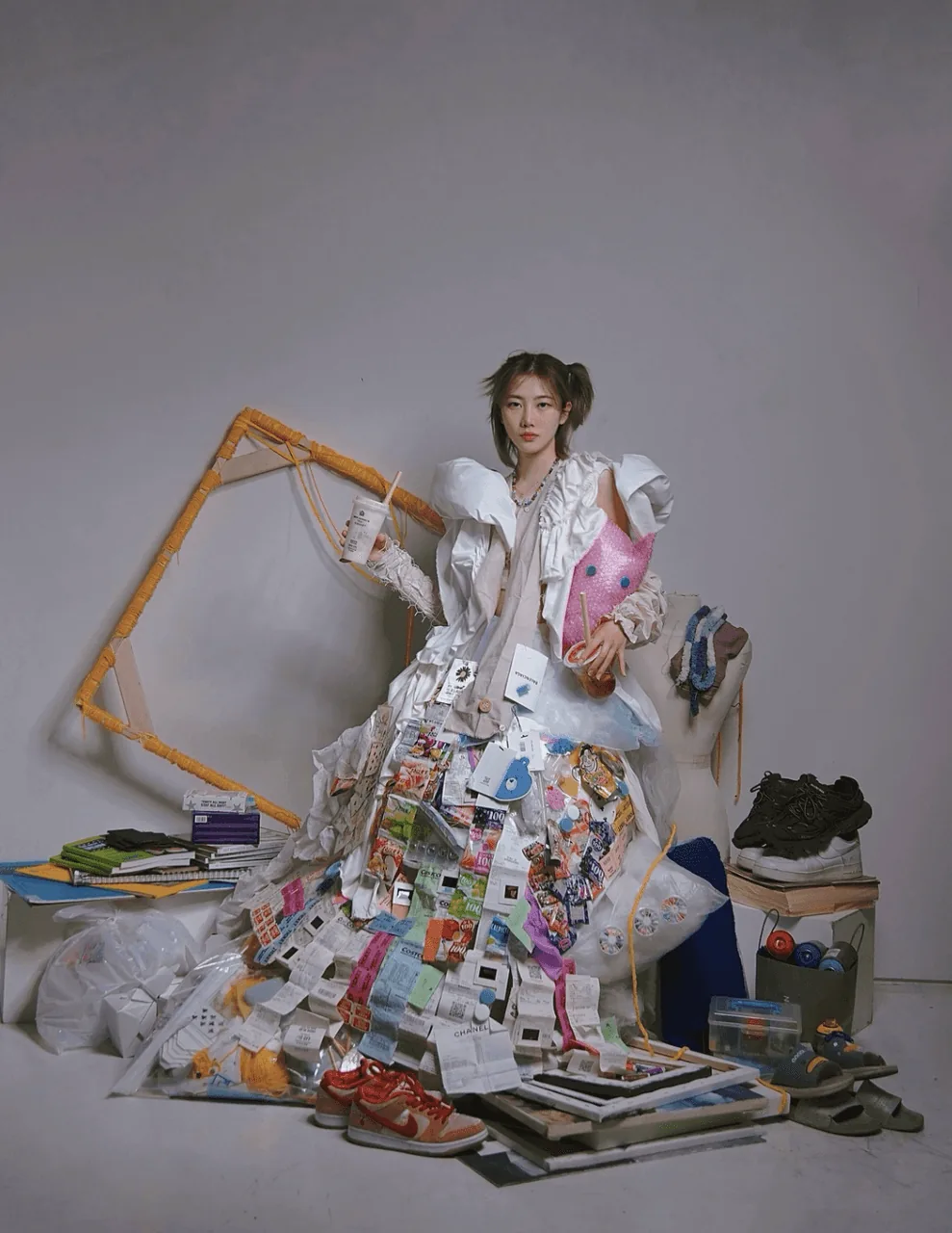 Student fashion design: model in a gown built from recycled magazines, packaging and found objects