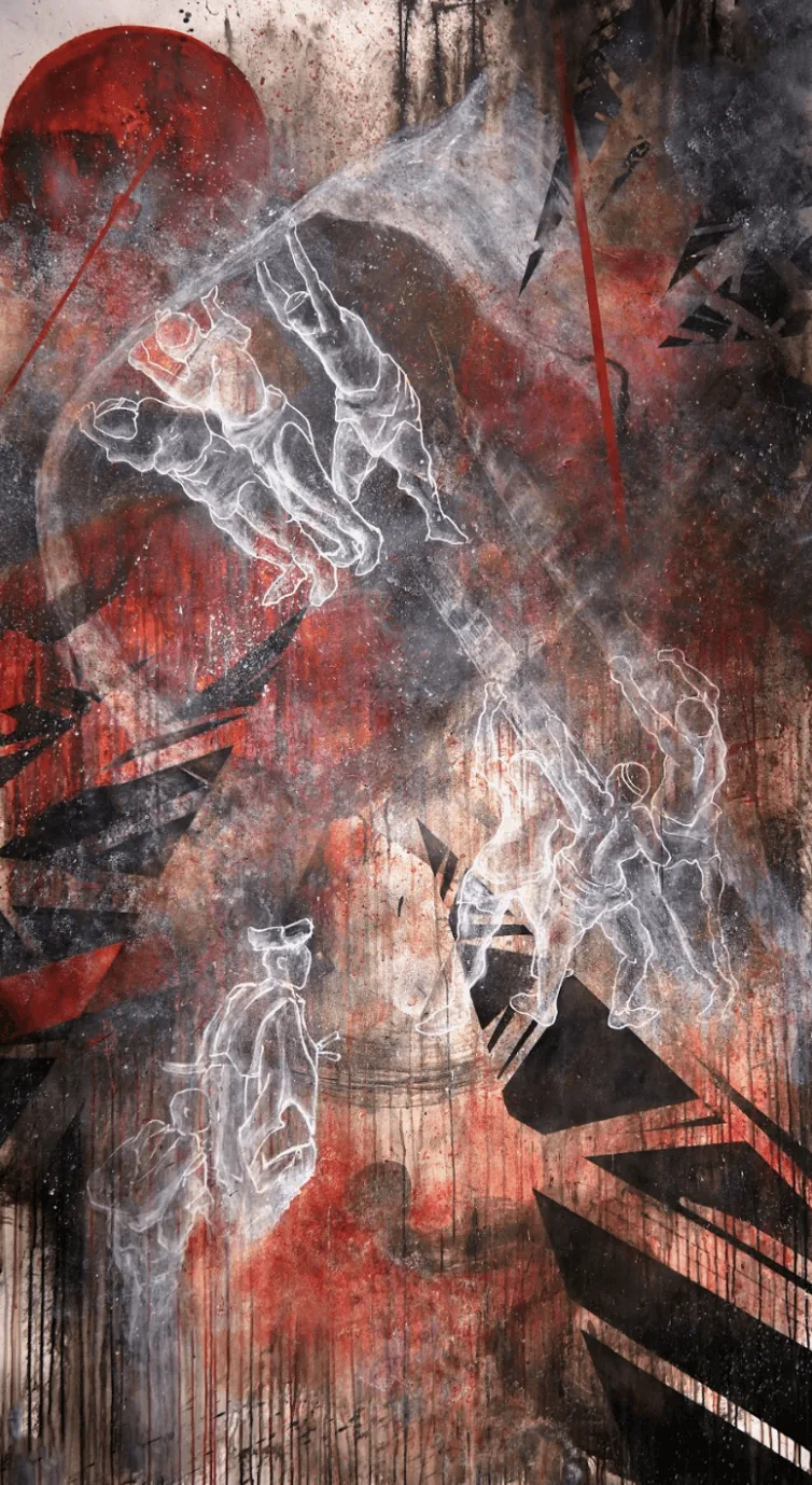 Mixed-media painting in red and black with ghostly white figure outlines climbing a diagonal