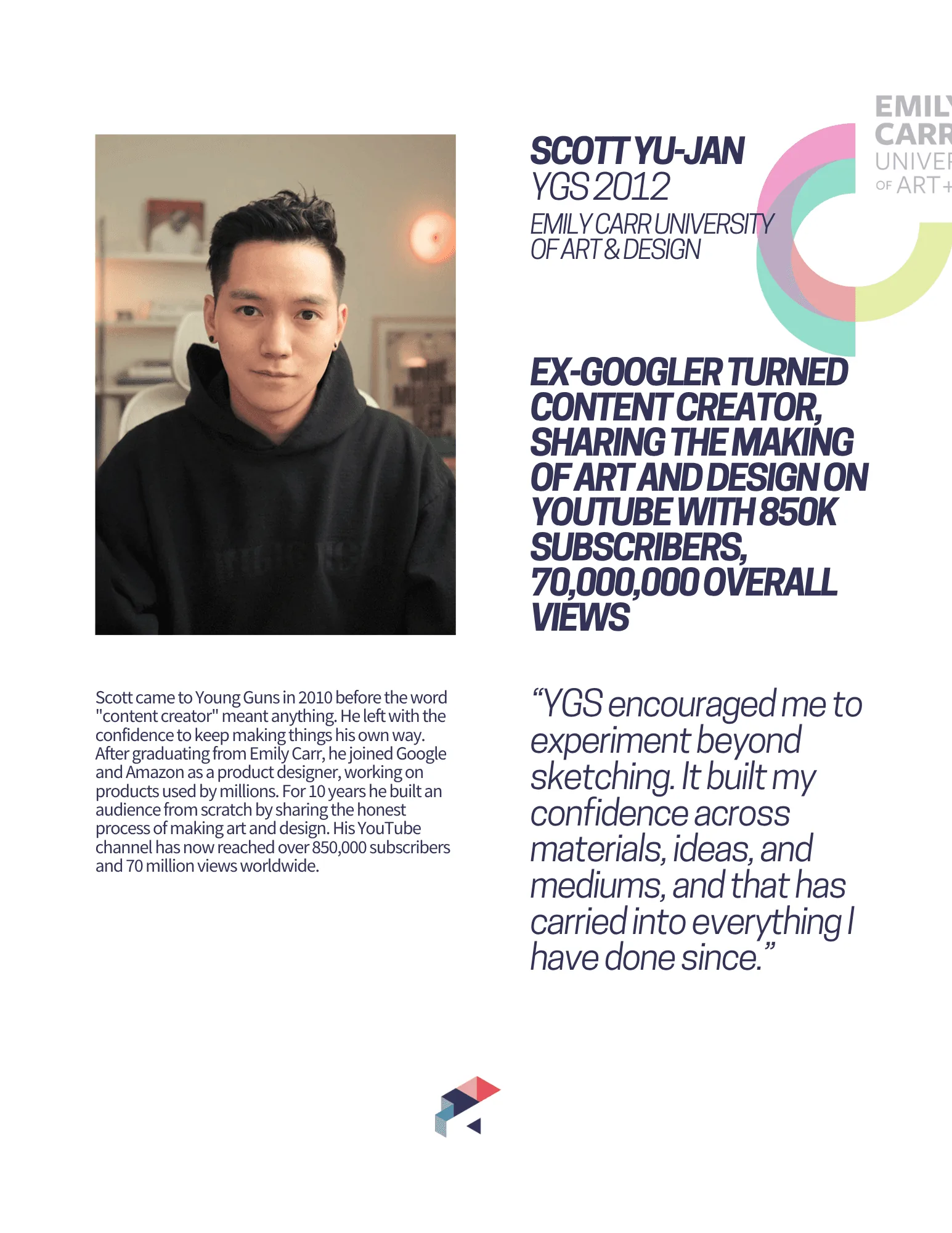 Alumni profile card: Scott Yu-Jan, YGS 2012, Emily Carr, ex-Google content creator with 850K YouTube subscribers