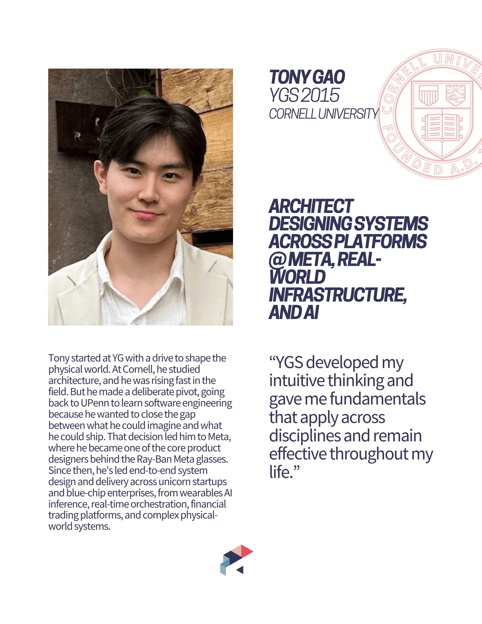 Alumni profile card: Tony Gao, YGS 2015, Cornell, architect designing systems across platforms at Meta