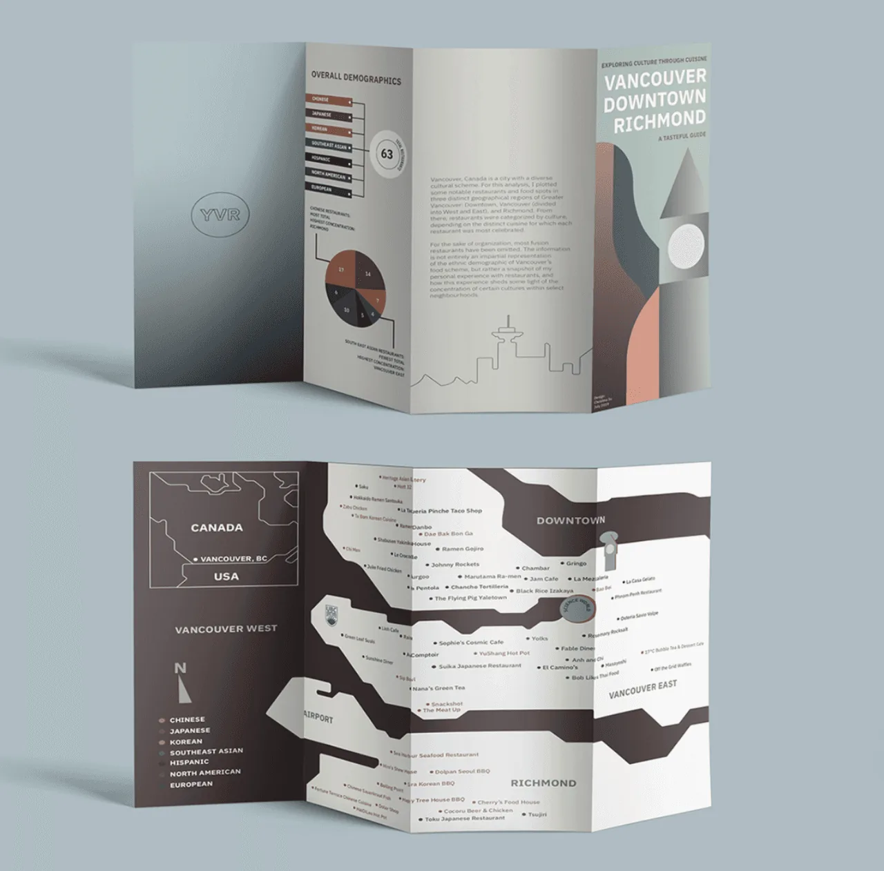 Trifold brochure design with maps and infographics for Vancouver, Downtown and Richmond
