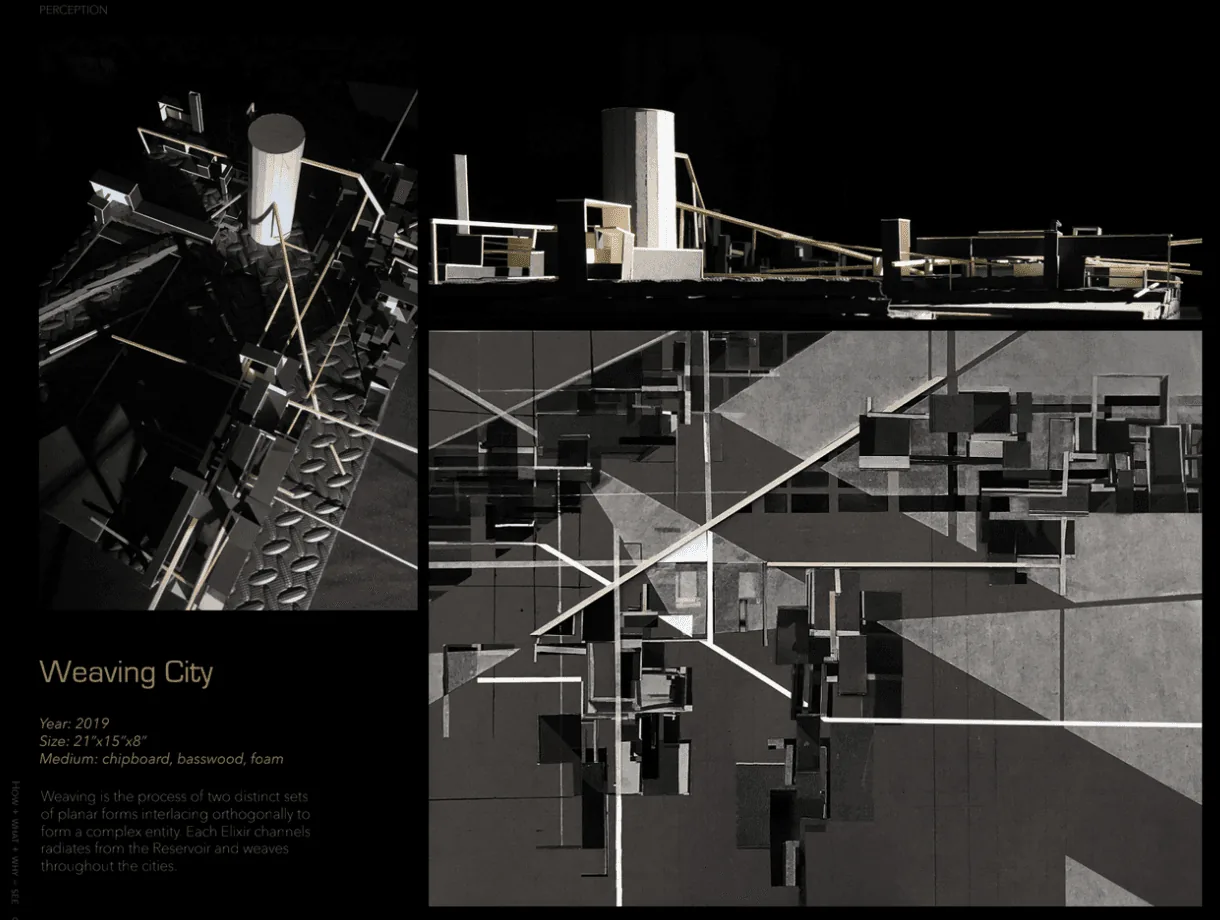 Weaving City student model of suspended hardwood and basswood structures under dramatic lighting